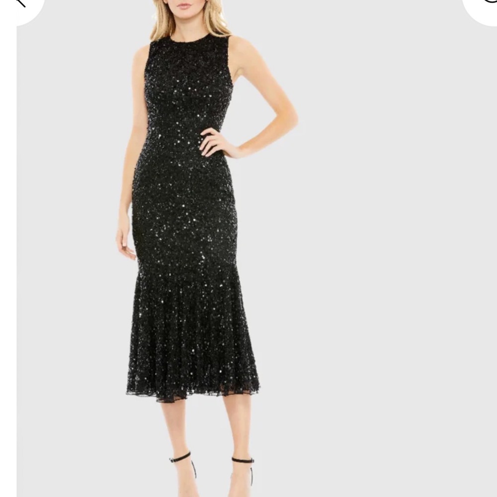 NEW Mac‎ Duggal 5597 Sz 16 Black Sequin Sleeveless Midi Flair Hem Dress